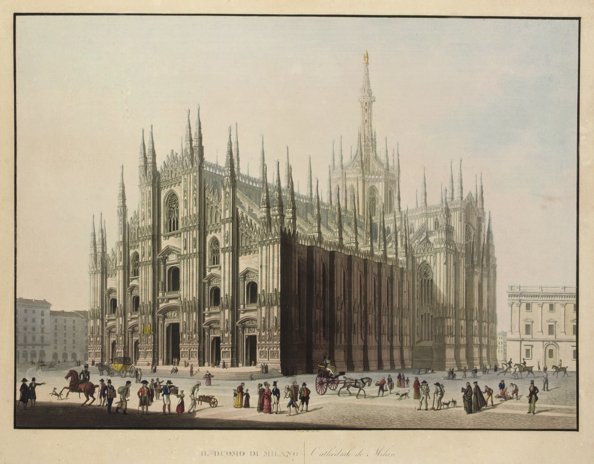 [GILIO, Carlo e Ladislaus RUPP, editors]. Eglises principales de l'Europe. Milan: chez les éditeurs et chez F. Artaria, [1824]. 2° (597 x 424mm). Engraved title and 58 plates including 7 fine hand-coloured aquatints (light scattered foxing). Contemporary calf-backed marbled boards (head and foot of spine and joints rubbed).