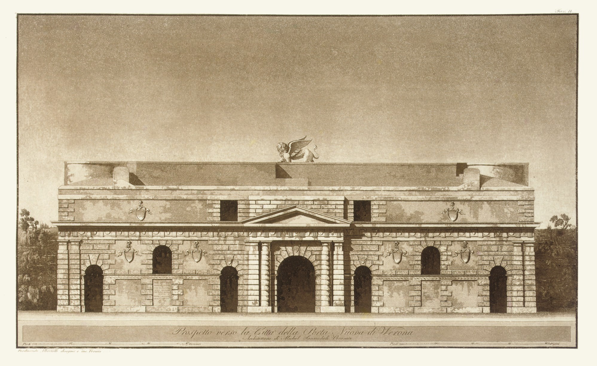 SAMMICHELI, Michele. Porte di città e fortezze, depositi sepulchrali ed altre principali fabbriche pubbliche e private. Milan: royal press, 1815. Oblong 2° (407 x 548mm). Engraved frontispiece in bistre and 29 plates, many aquatinted, many in bistre, some partly in black (title lightly foxed). Contemporary calf-backed marbled boards.