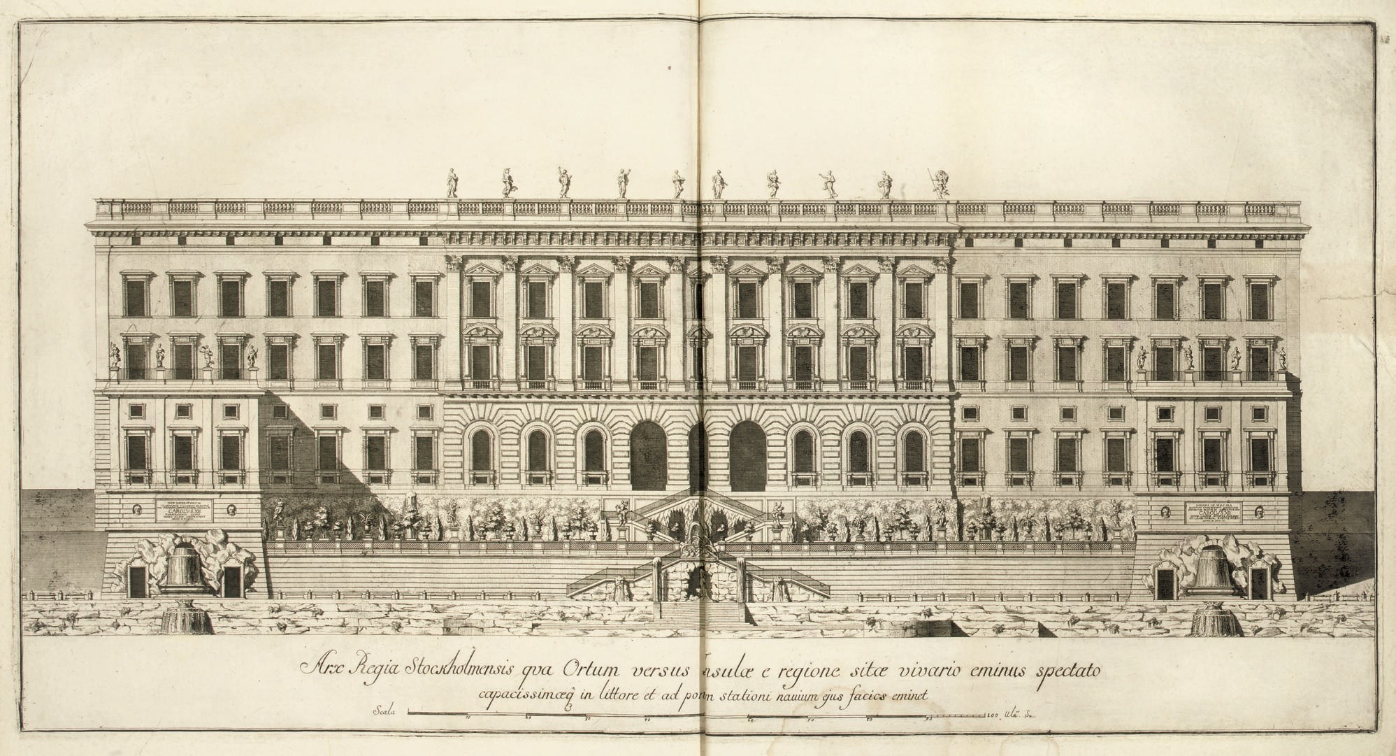 [TESSIN, Nicodemus. The Royal Palace in Stockholm]. s.n. [?Paris, c.1740]. 2° (592 x 469mm). 24 engraved plates by S. Le Clerc after Tessin, 12 double-page (3 plates torn and repaired slightly affecting engraved area, 3 others with closed marginal tears, a little discolouration). Early 19th-century calf-backed marbled boards, flat spine gilt (head and foot of spine rubbed).
