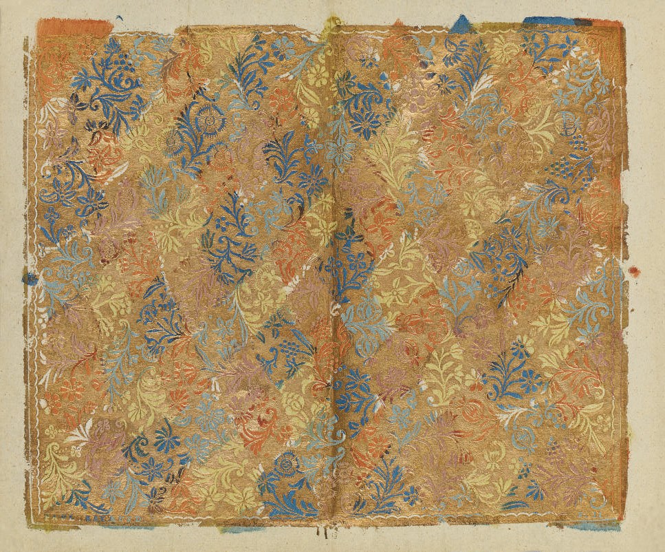 A Collection of 8 brocaded endpaper sheets, decorated with elaborate interlacing floral designs printed over in gold, silver and colours, 5 stamped at their lower edge "Paul Raymund", 4 of which, numbered "11", of identical design, each approximately 365 x 420mm, [Nuremberg, c.1800].	 (8)