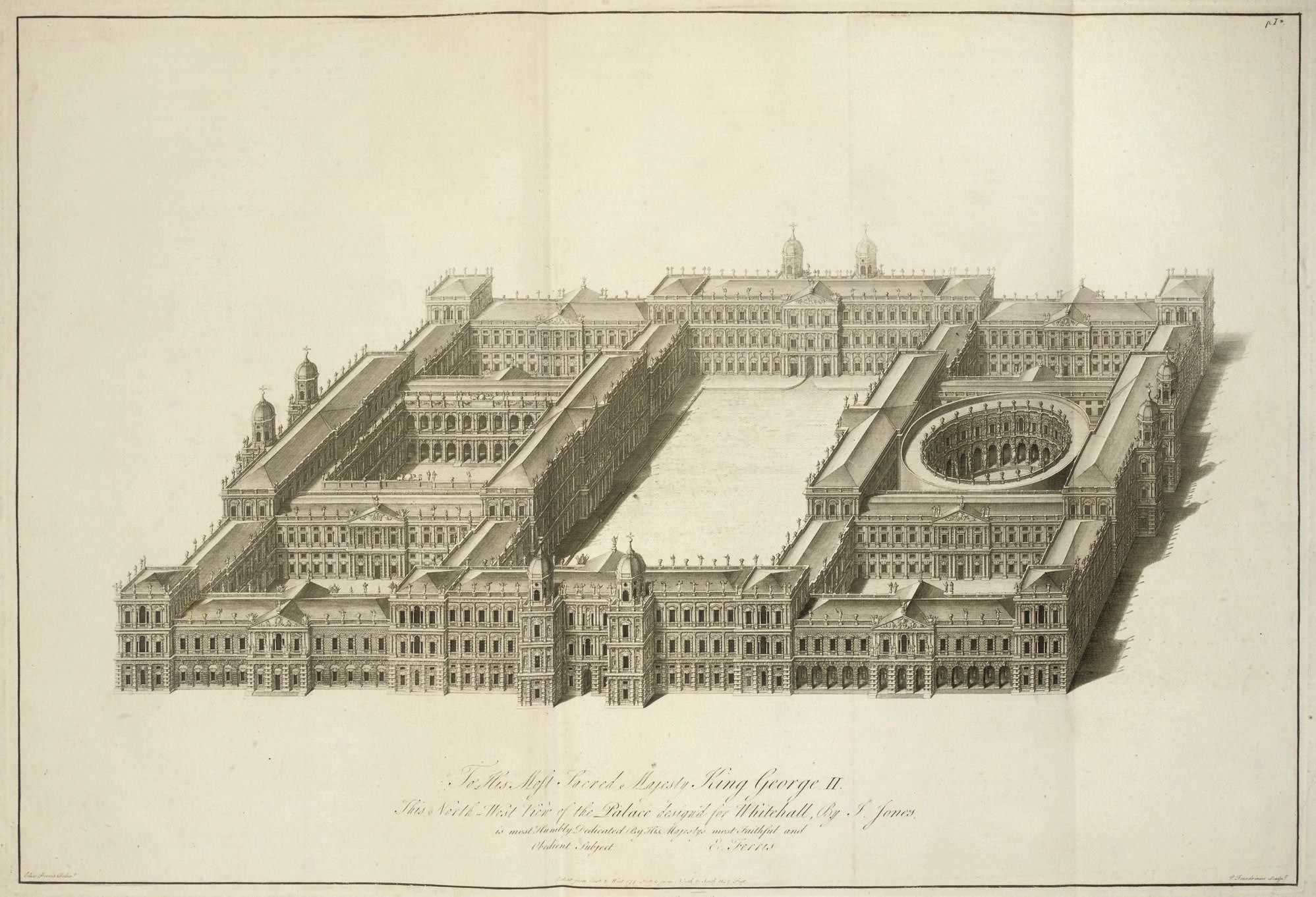 JONES, Inigo (1573-1652). The Designs of Inigo Jones consisting of Plans and Elevations for Public and Private Buildings. London: Benjamin White, 1770. 2 volumes in one, 2° (536 x 370mm). Engraved frontispiece, titles with vignette, 99 plates, of which 7 are double-page and folding and 24 double-page, all after I. Jones, engraved head- and tailpieces, description of plates in French and English (offsetting onto title, plates in vol.II lightly browned). Contemporary calf-backed boards (extremities lightly rubbed). Provenance: presentation manuscript inscription on endpaper. Third edition. cf. Fowler 162.