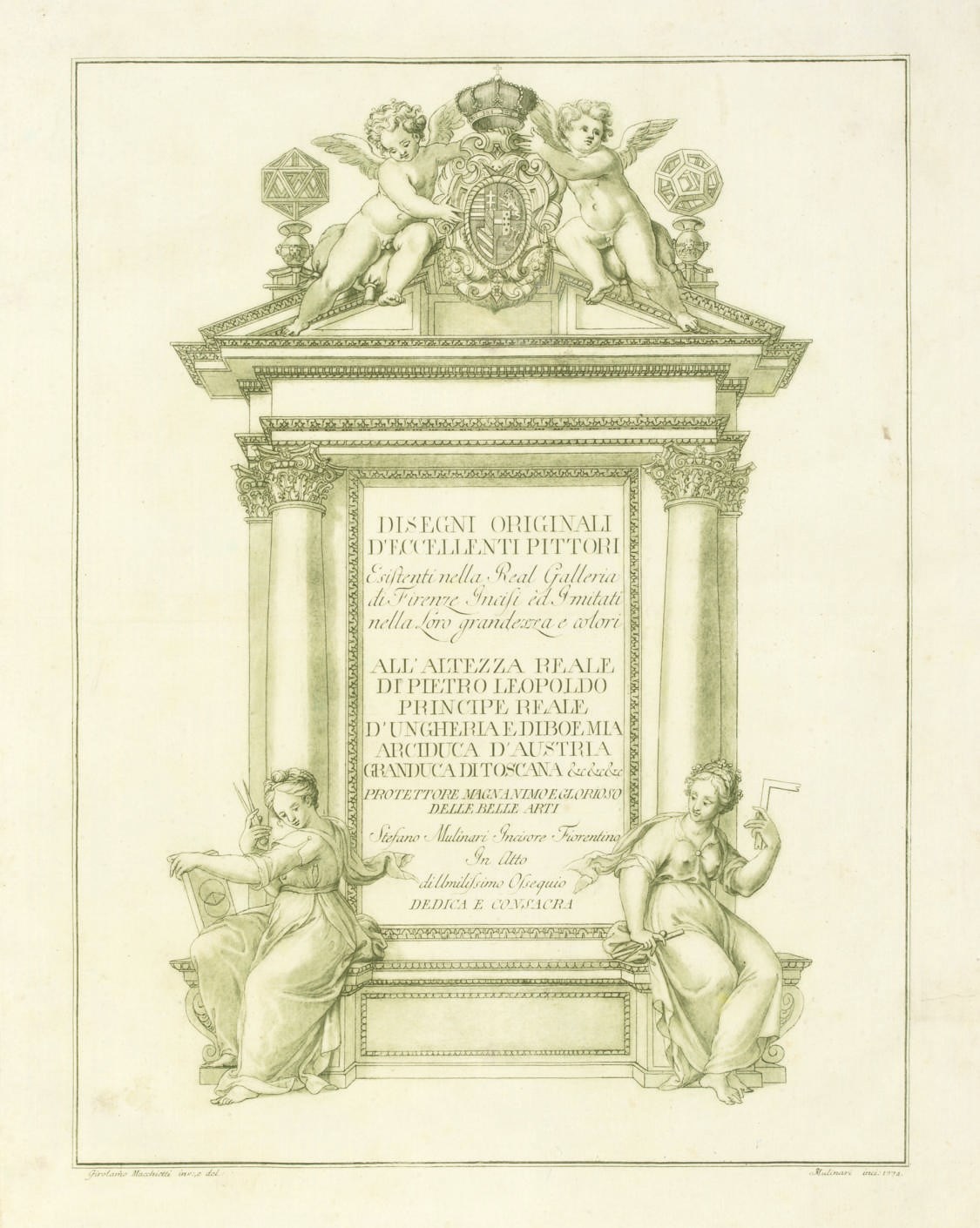 MULINARI, Stefano (c.1741-c.1790).  Disegni originali d'eccellenti pittori esistenti nella Real Galleria di Firenze incisi ed imitate nella loro grandessa e colori. [Florence: c.1774]. Large 2° (650 x 460mm). Etched title within architectural and figural border and 49 etched plates printed in sepia, red and green inks by Mulinari after various artists (some mainly marginal staining, rehinged throughout). Contemporary vellum over board (rather worn, some repairs, new endpapers). Brunet III, 1938: "Ce volume renferme 50 pl. tirées au bistre, et assez bonnes, quoique dans un genre peu séduisant."