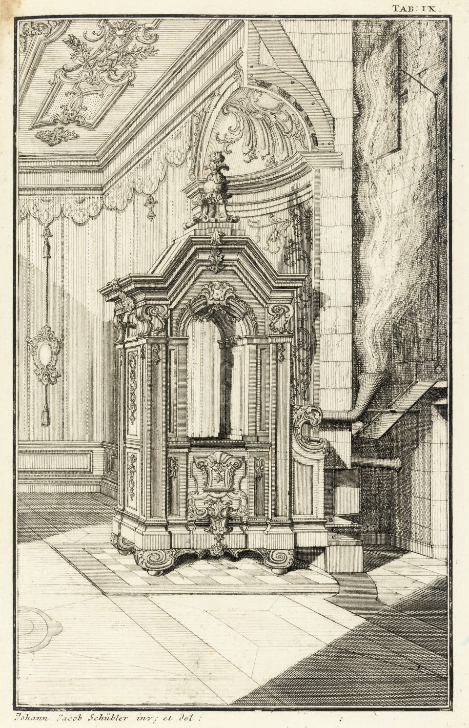 SCHÜBLER, Johann Jakob (1689-1741).  Nützliche Vorstellung und deutlicher Unterricht von zierlichen, bequemen und Holz ersparenden Stuben-Oefen. Nuremberg: Johann Christoph Weigel, 1728. 2° (324 x 207mm). Engraved frontispiece, 24 engraved plates (lower margin of frontispiece, text and a few plates waterstained, last 10 plates with small wormhole, title and frontispiece soiled, else just a marginal soiling). Later half vellum (lightly worn). Berlin Katalog 3836.