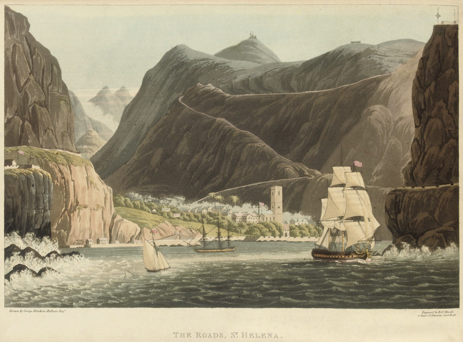 BELLASIS, George Hutchins (1778-1822).  Views of Saint Helena. London: John Tyler, 1815. Oblong 2° (261 x 372mm). 6 numbered hand-coloured aquatints by Robert Havell after Bellasis, printed by W.B. McQueen (margins of plates a little cropped, not affecting image but with partial or complete loss of plate number, light and even browning throught, light offsetting from plates onto text, text lightly spotted). Contemporary half roan (extremities rubbed).