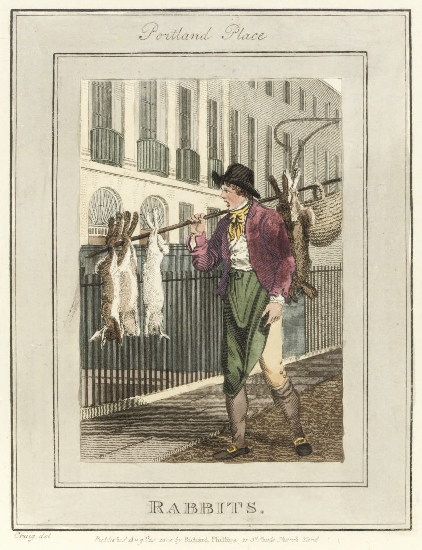 CRAIG, William Marshall.  Description of the Plates representing the Itinerant Traders of London in their Ordinary Costume. [London: Richard Phillips, plates dated 1804]. 4° (259 x 202mm). 31 hand-coloured etched plates, all within a grey wash border (title very lightly browned). Red morocco gilt by Zaehnsdorf, sides with gilt border and cornerpieces, inner dentelles, gilt edges (extremities lightly rubbed). FIRST EDITION. Abbey Life 271. Abbey cites a copy which lacks the text to plate number 23, 'Poor Sweep'; it is, however, present in our copy.