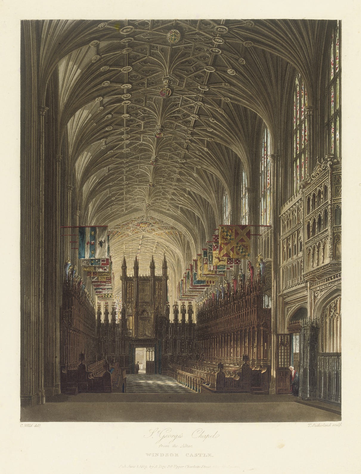 PYNE, William Henry (1769-1843).  The History of the Royal Residences of Windsor Castle, St. James's Palace, Carlton House, Kensington Palace, Hampton Court, Buckingham House, and Frogmore. London: A. Dry, 1819. 4° (339 x 270mm). 100 hand-coloured aquatint plates (a few small stains, some light spotting and staining). Finely-bound in contemporary black straight-grained morocco gilt, wide gilt borders with acanthus cornerpieces, spines gilt in compartments, gilt edges (extremities rubbed, a few scratches and scuff marks). Provenance: early bookseller's label. Abbey Scenery 396; Lowndes V, 2015; Prideaux p.348; Tooley pp.197-200.	 (3)