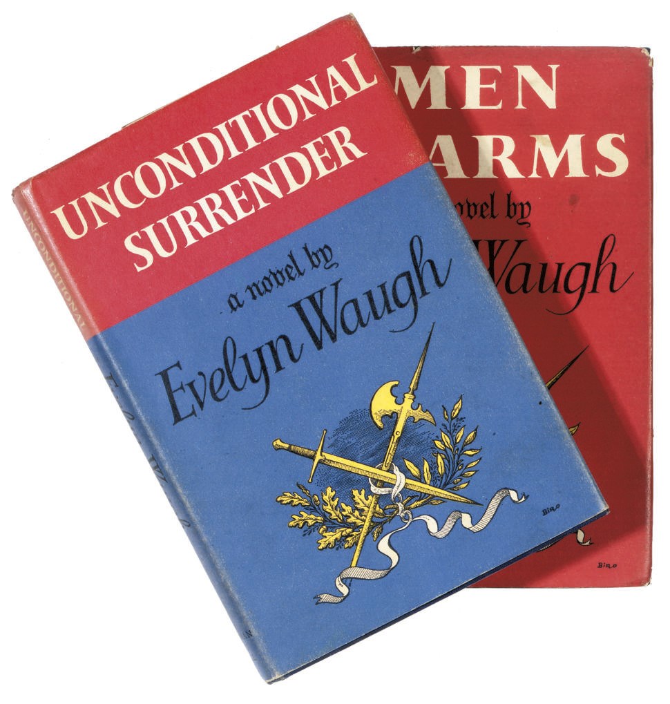 WAUGH, Evelyn (1903-66).  Men at Arms. London: Chapman & Hall, 1952. 8°. Half title. Original blue cloth, spine lettered in gilt, dust-jacket (jacket frayed with slight loss at head of backstrip, a few other chips and short tears, lower wrapper lightly stained). FIRST EDITION, PRESENTATION COPY, the front free endpaper inscribed, "For darling Bridget, with all my love, Evelyn, Sept 2nd, 1952."