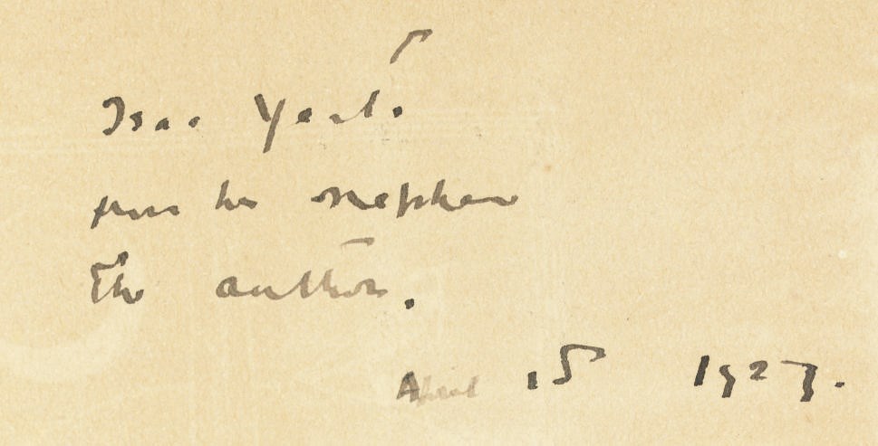 YEATS, William Butler (1865-1939). Autobiographies: Reveries over Childhood and Youth AND The Trembling of the Veil. New York: Macmillan, 1927. 8°. Frontispiece portrait by J[ohn] B. Yeats and four additional plates, one by Jack B. Yeats in colour, decorated endpapers (endpapers browned, light spotting to plates, marginal tear to pages 443/4 not affecting text). Publisher's green cloth (edge wear, spine slightly browned). FIRST AMERICAN EDITION, INSCRIBED in black ink on the front free endpaper, 'Isaac Yeats from his nephew the author. April 15 1927.' Wade 152.