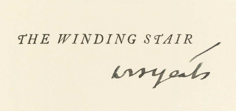 YEATS, William Butler (1865-1939). The Winding Stair. New York: The Fountain Press, 1929. 8° (220 x 150mm). Gold-flecked purple endpapers (endpapers lightly faded at edges). Publisher's navy cloth gilt, two leather spine labels, remains of glassine jacket, top edges gilt (slight bubbling to lower cover). NUMBER 623 OF 642 COPIES ON KALMAR PAPER SIGNED BY THE AUTHOR in black ink on the half title. Wade 164.