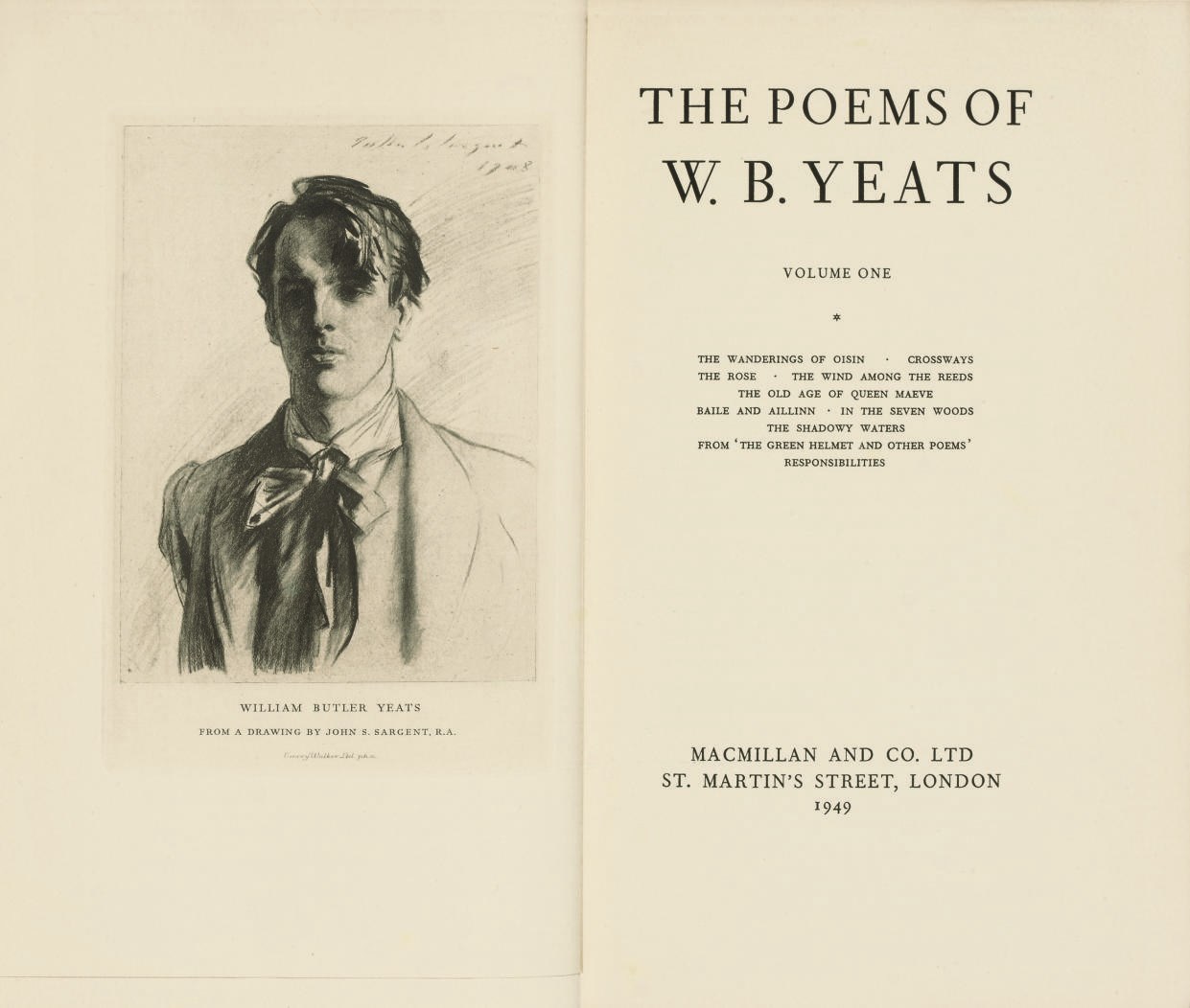 YEATS, William Butler (1865-1939).  The Poems. London: Macmillan and Co. Ltd, 1949. 2 volumes, 8°. 2 frontispiece portraits of W. B. Yeats after John Singer Sargent and Augustus John (some spotting to endpapers and preliminary leaves). Original green buckram gilt, top edges gilt, others uncut. NUMBER 138 OF 375 COPIES SIGNED BY THE AUTHOR. The Definitive Edition. Wade 209/210: "For some time before his death, W. B. Yeats was engaged in revising the text of this edition of his poems, of which he had corrected the proofs, and for which he had signed the special page to appear at the beginning of Volume I."	 (2)