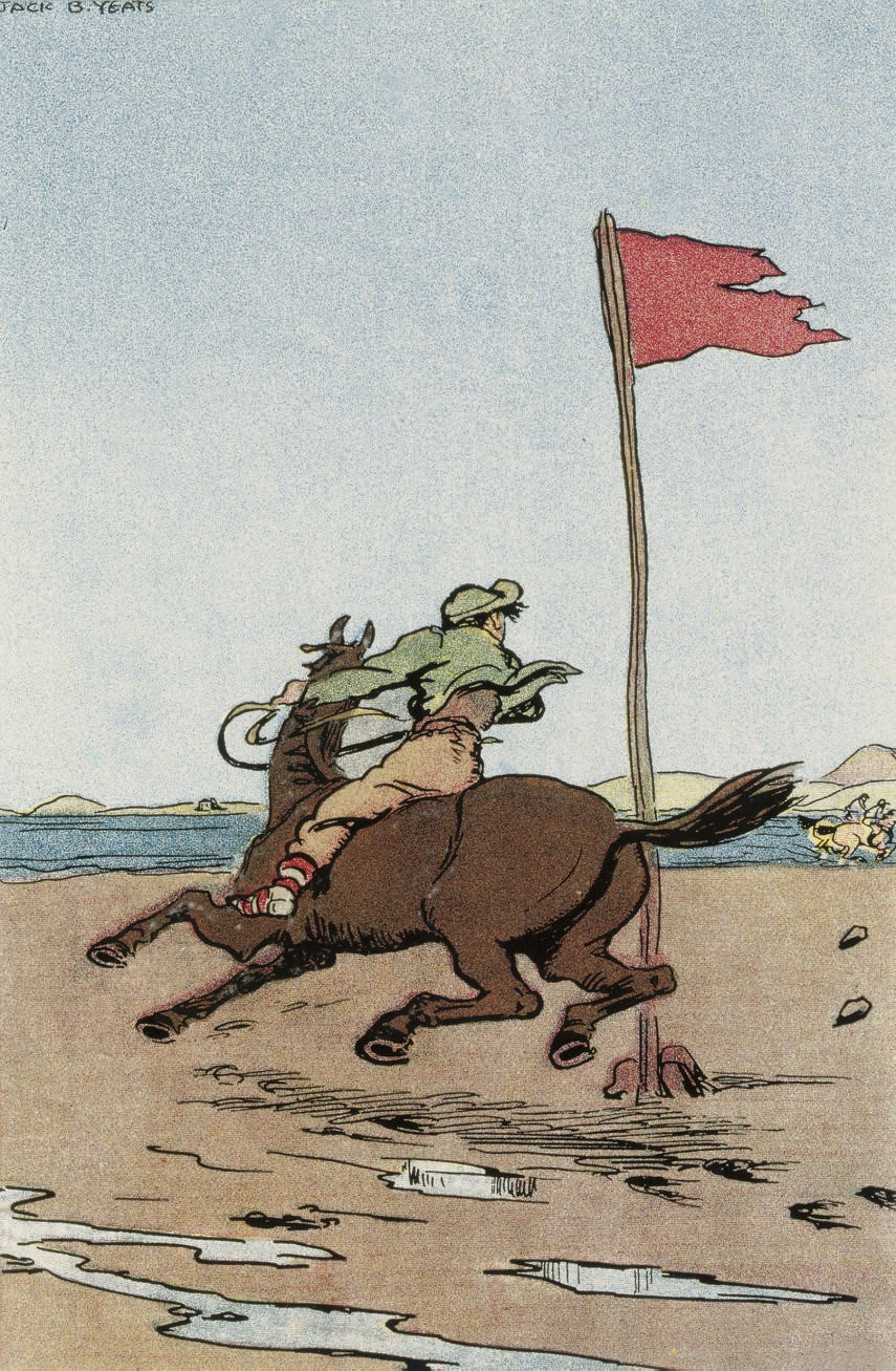 YEATS, JACK B. (1871-1957). Life in the West of Ireland. Drawn and Painted by Jack B. Yeats. Dublin & London: Maunsel, 1912. 4° (238 x 178mm). Tipped-in colour frontispiece, 7 additional tipped-in colour plates, 16 tipped-in black-and-white reproductions from paintings and 32 black-and white line drawings (light spotting). Publisher's navy cloth gilt, printed red dustjacket bearing imprint 'Fred Hanna Dublin' (boards with light damp stippling, jacket chipped and lightly faded at spine). FIRST EDITION.