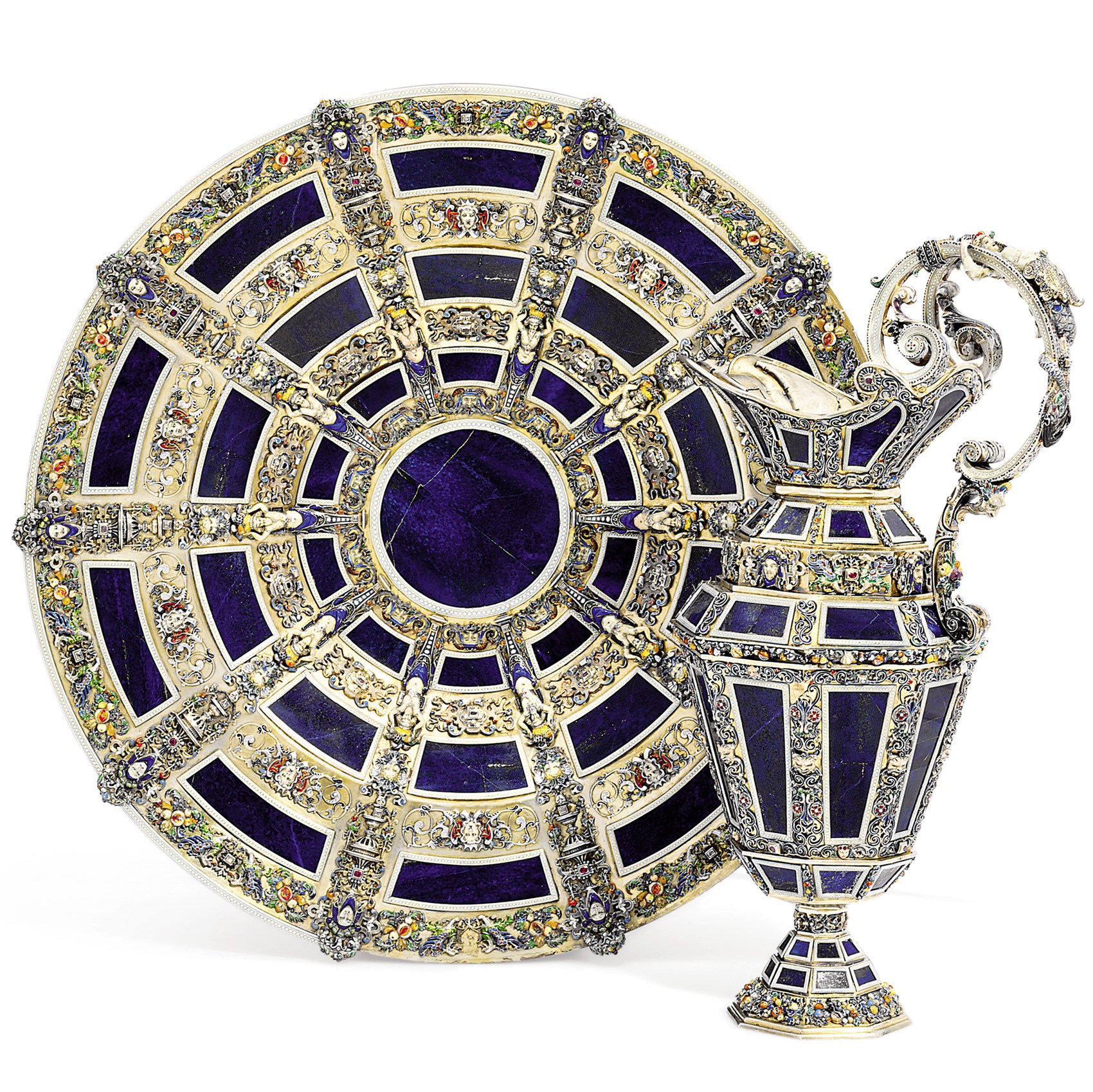 AN AUSTRIAN SILVER ENAMELLED LAPIS LAZULI EWER AND BASIN