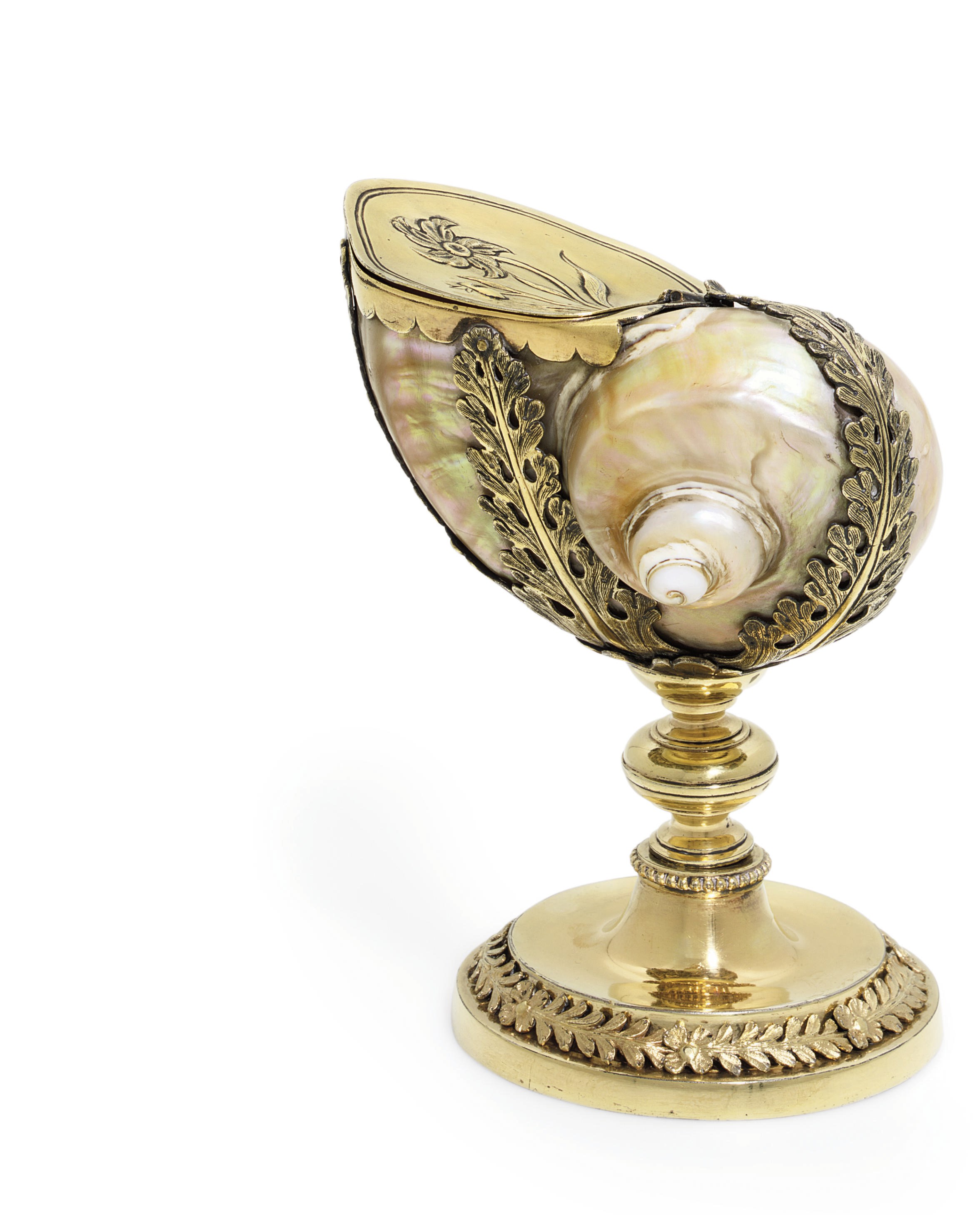 AN UNUSUAL SPANISH SILVER-GILT MOUNTED TURBO-SHELL CUP