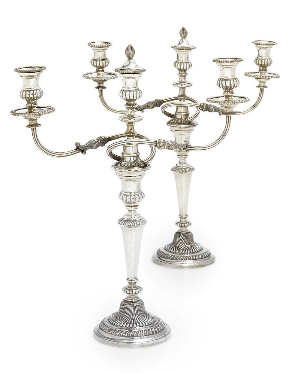 A PAIR OF PORTUGUESE SILVER THREE-LIGHT CANDLEABRA