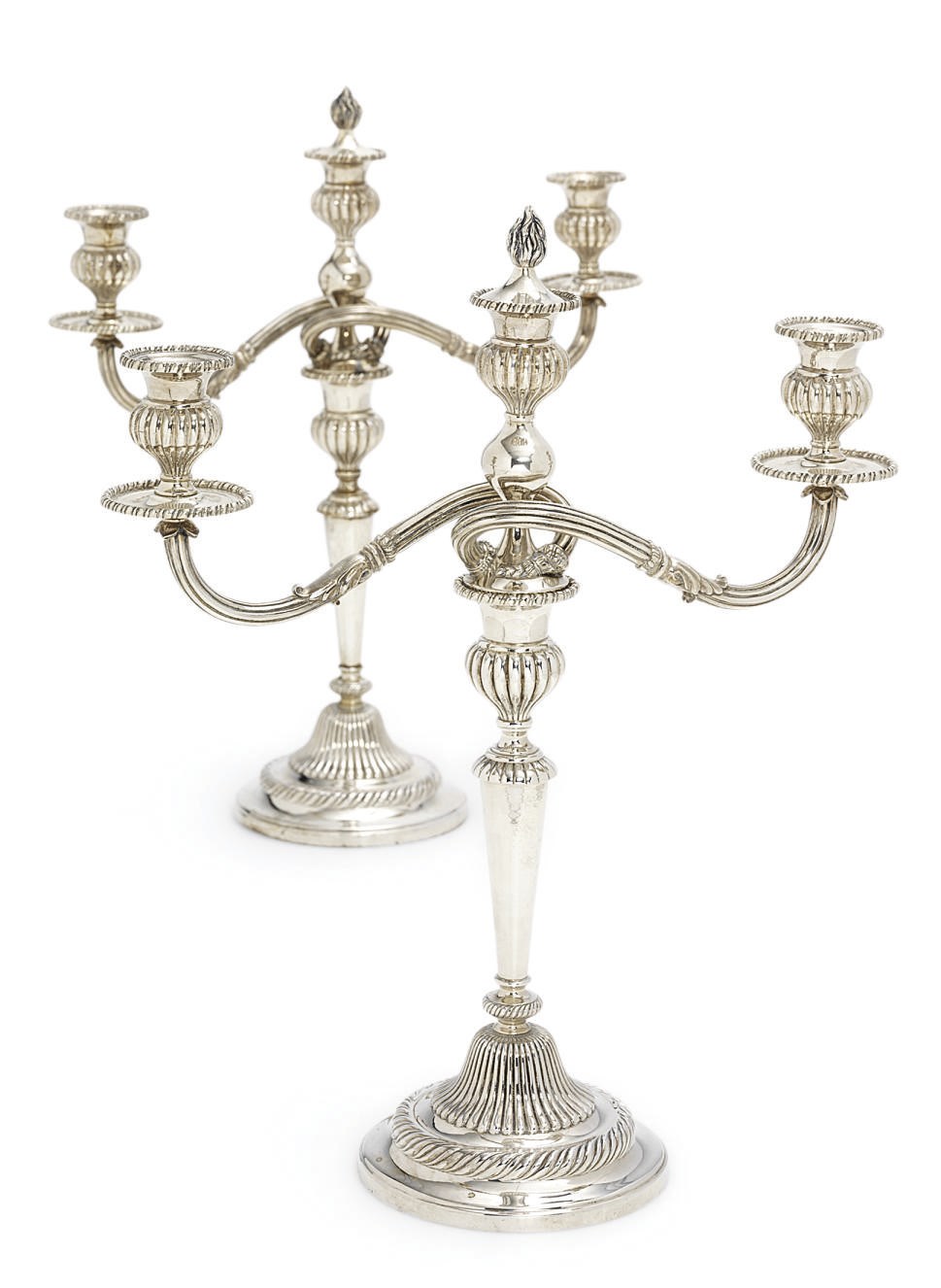 A PAIR OF PORTUGUESE SILVER THREE-LIGHT CANDLEABRA