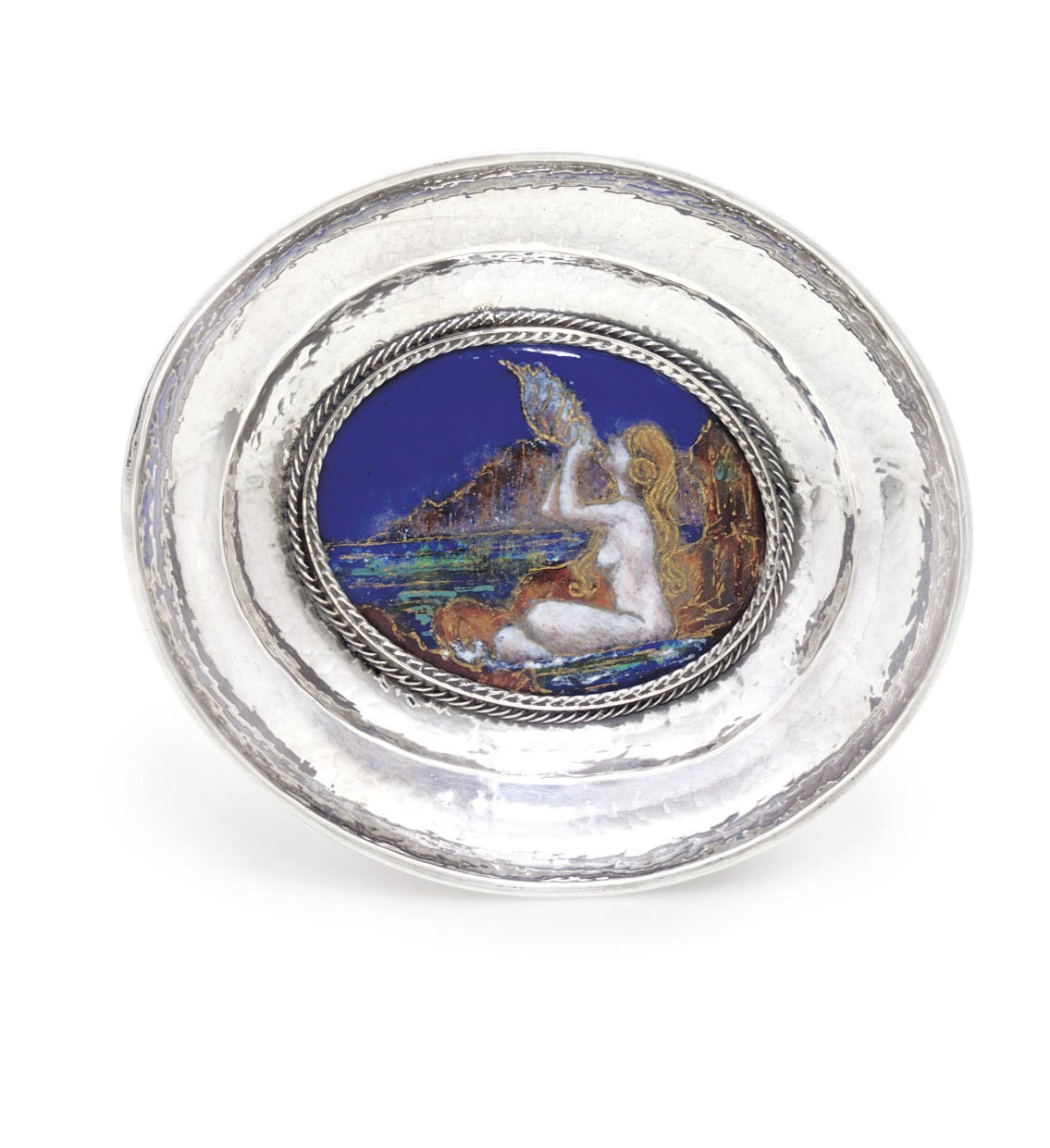 A GEORGE V SILVER AND ENAMEL DISH