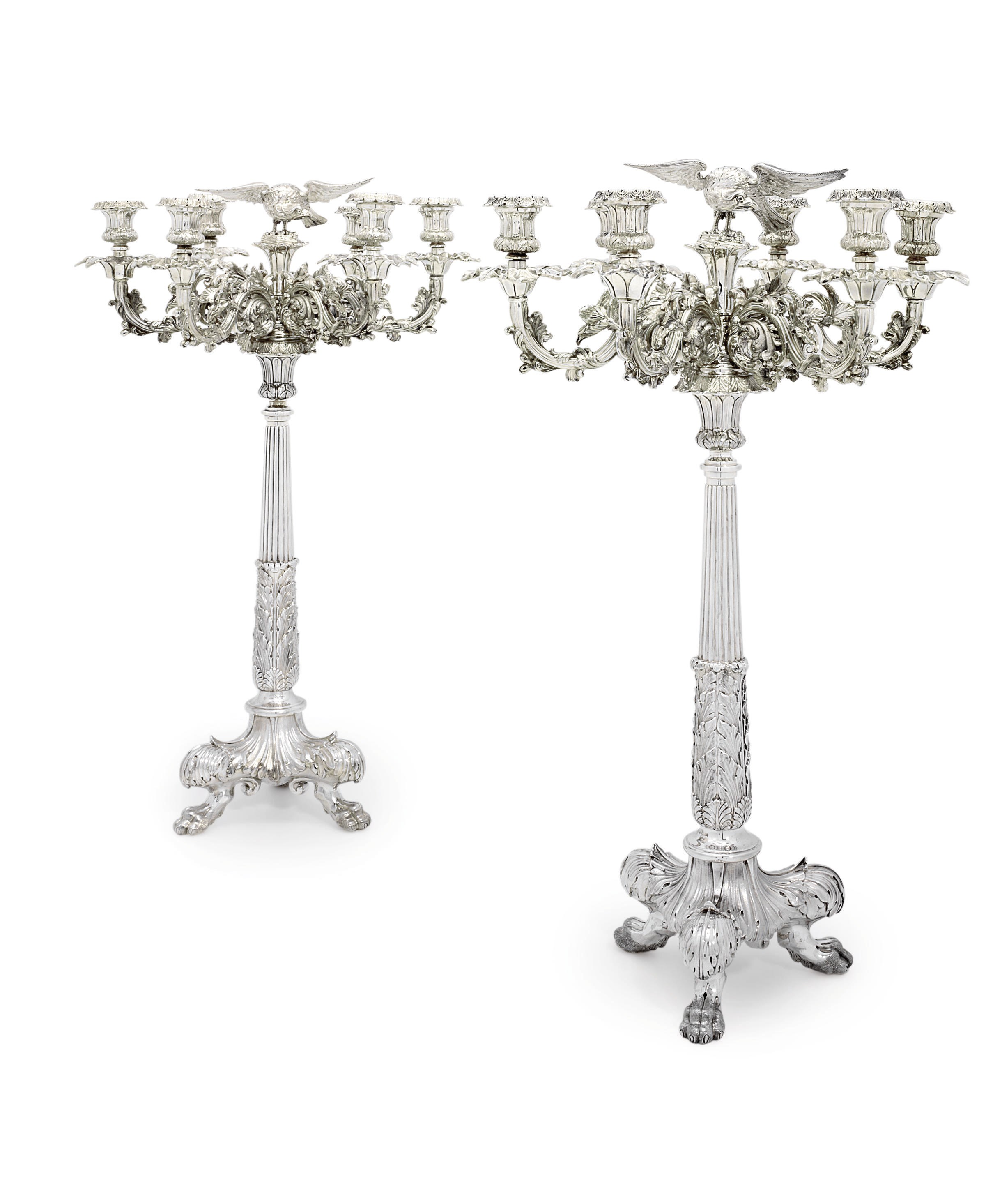 A PAIR OF WILLIAM IV SILVER SIX-LIGHT CANDLEABRA