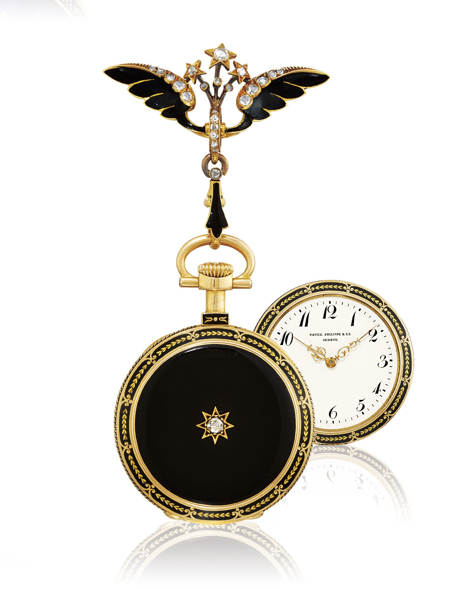 PATEK PHILIPPE, WIDOW WATCH

GOLD, ENAMEL AND DIAMOND-SET OPENFACE KEYLESS LEVER FOB WATCH