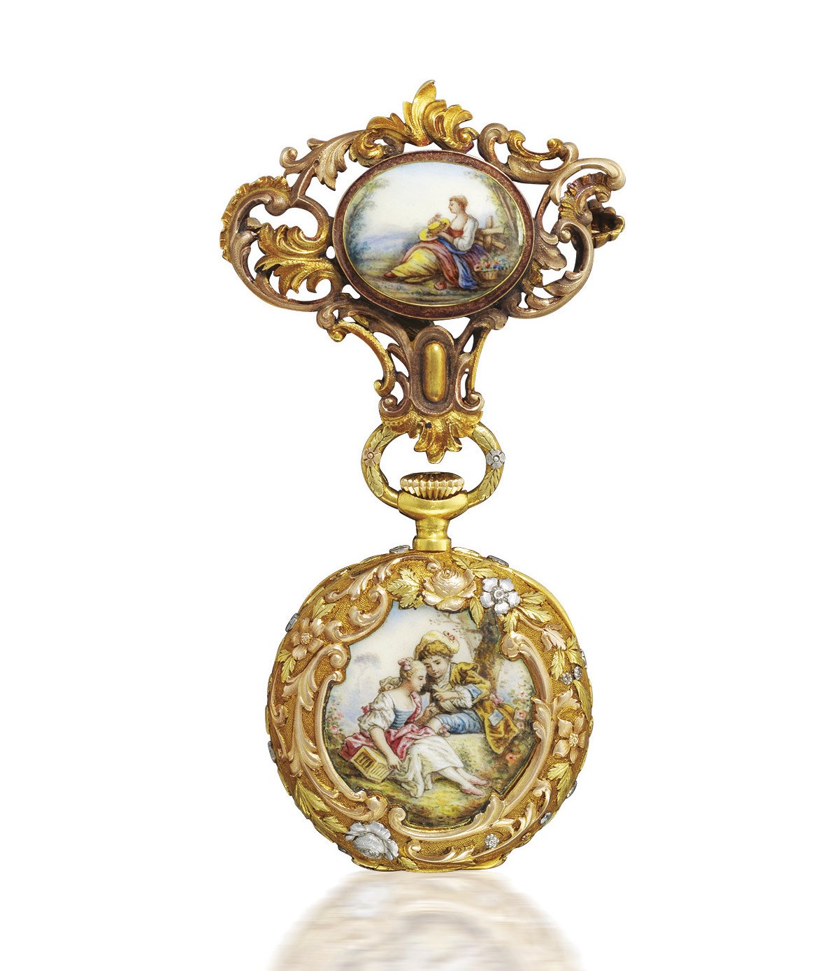 PATEK PHILIPPE

VARI-COLOURED GOLD AND ENAMEL OPENFACE KEYLESS LEVER FOB WATCH