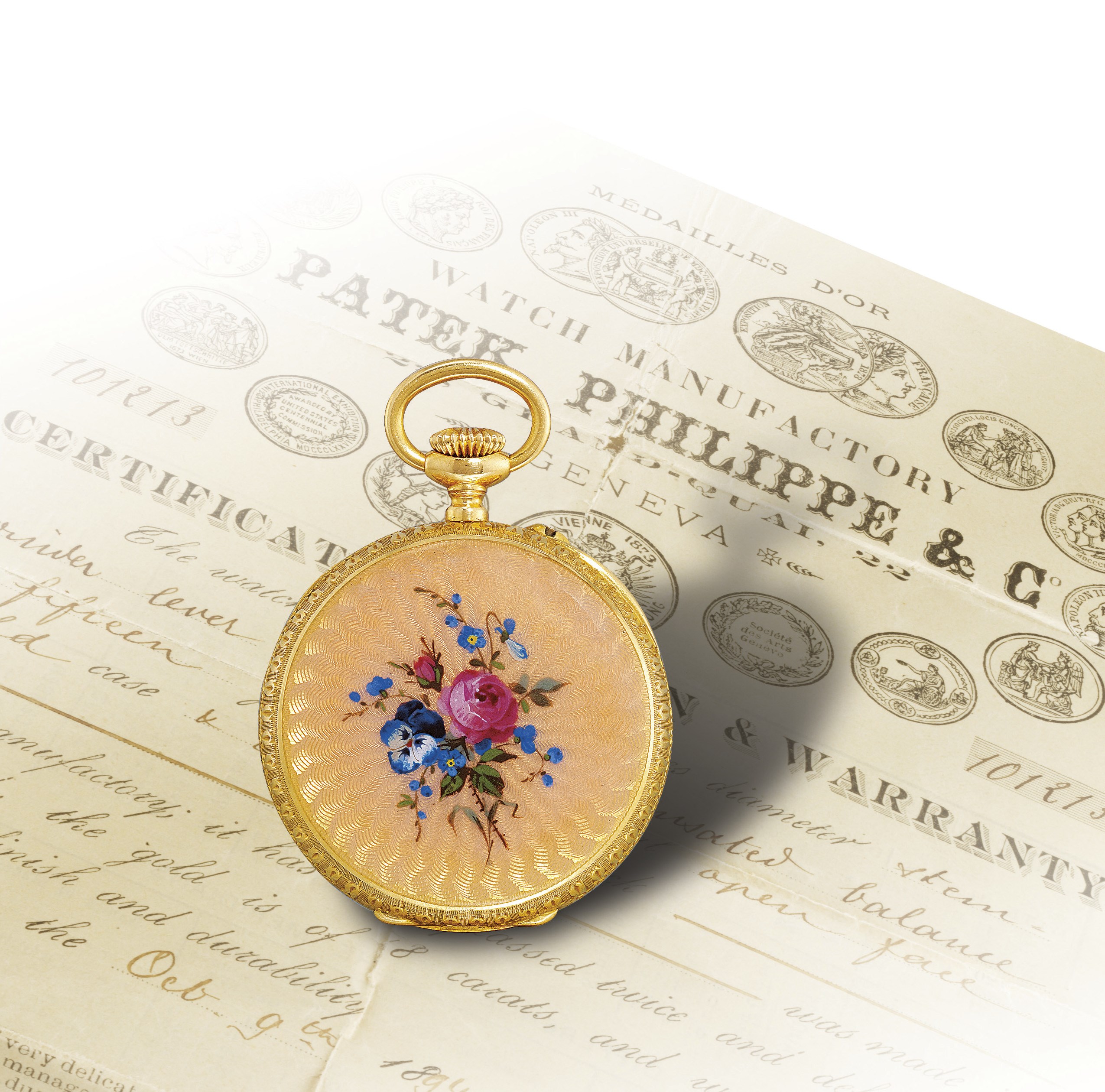 PATEK PHILIPPE, BOUQUET DE FLEURS

GOLD AND ENAMEL-SET OPENFACE KEYLESS LEVER PENDANT WATCH, IN THE ORIGINAL FITTED BOX