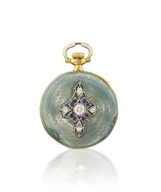 PATEK PHILIPPE.

PLATINUM, GOLD, ENAMEL AND DIAMOND-SET OPENFACE KEYLESS LEVER PENDANT WATCH