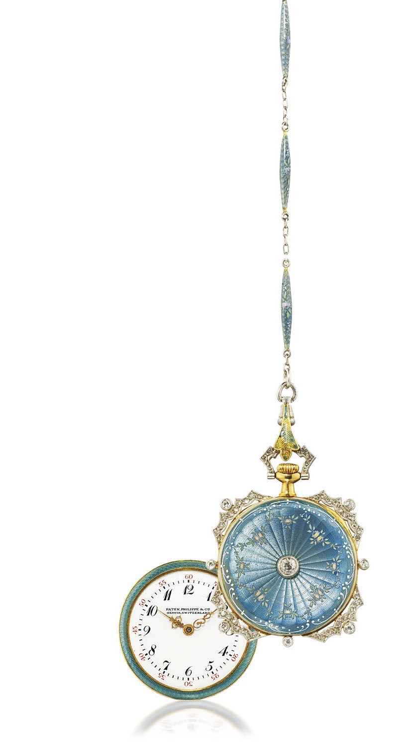 PATEK PHILIPPE, EN GUIRLANDE

PLATINUM, GOLD, ENAMEL AND DIAMOND-SET OPENFACE KEYLESS LEVER PENDANT WATCH WITH MATCHING CHAIN