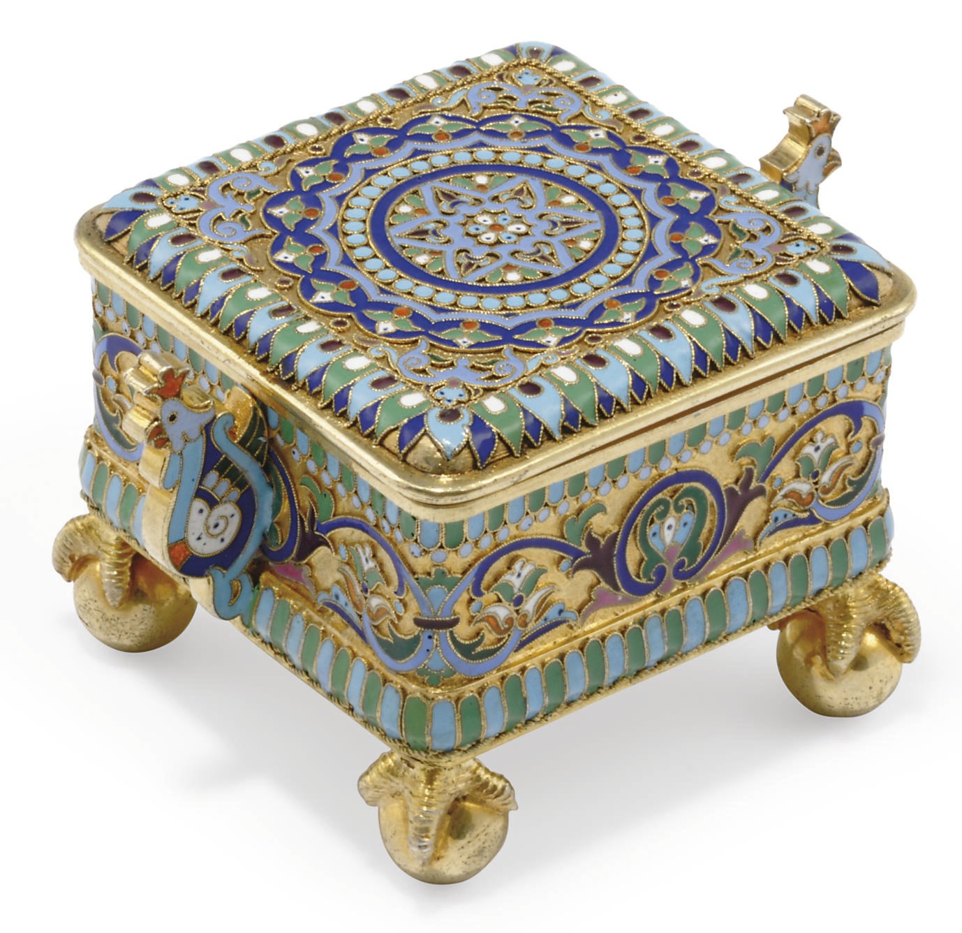 A RUSSIAN SILVER-GILT AND CLOISSONÉ ENAMEL COVERED BOX