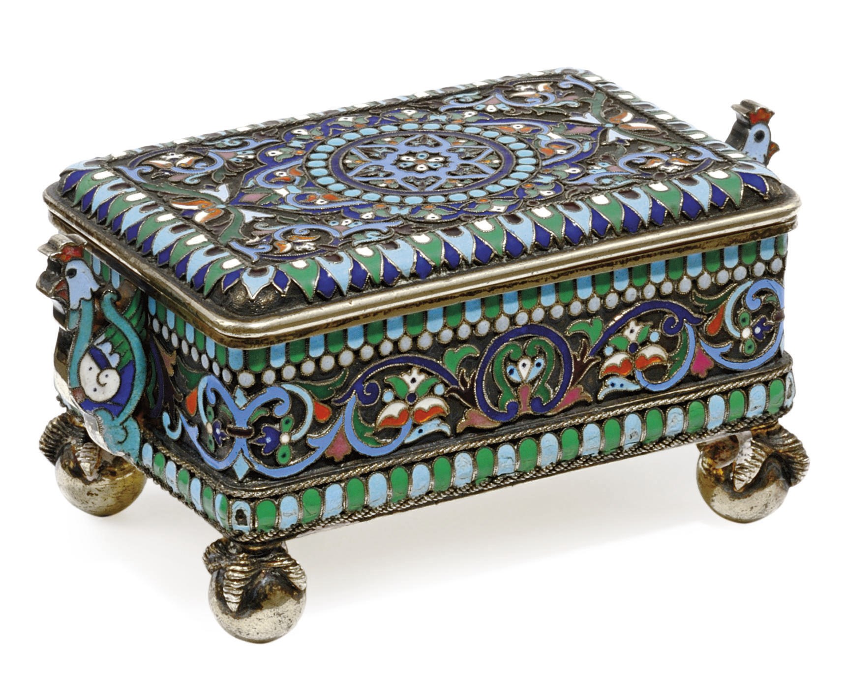 A RUSSIAN SILVER-GILT AND CLOISONNÉ ENAMEL CASKET