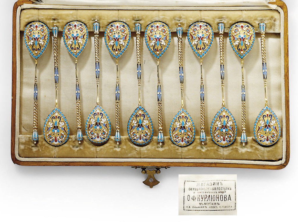 A SET OF TWELVE RUSSIAN SILVER-GILT AND CLOISONNÉ ENAMEL COFFEE SPOONS