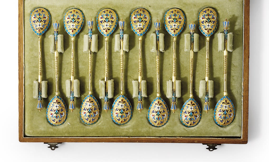 A SET OF TWELVE RUSSIAN SILVER-GILT AND CLOISONNÉ ENAMEL LEMON-TEA SPOONS