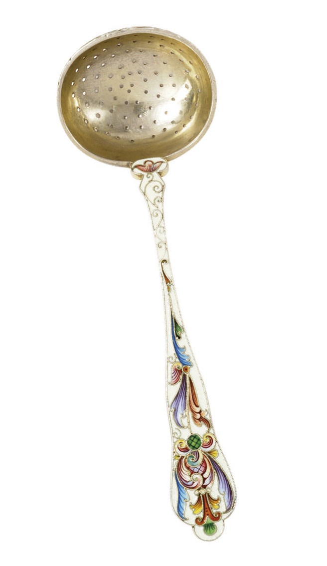 A RUSSIAN SILVER-GILT AND CLOISONNÉ ENAMEL SIFTER SPOON