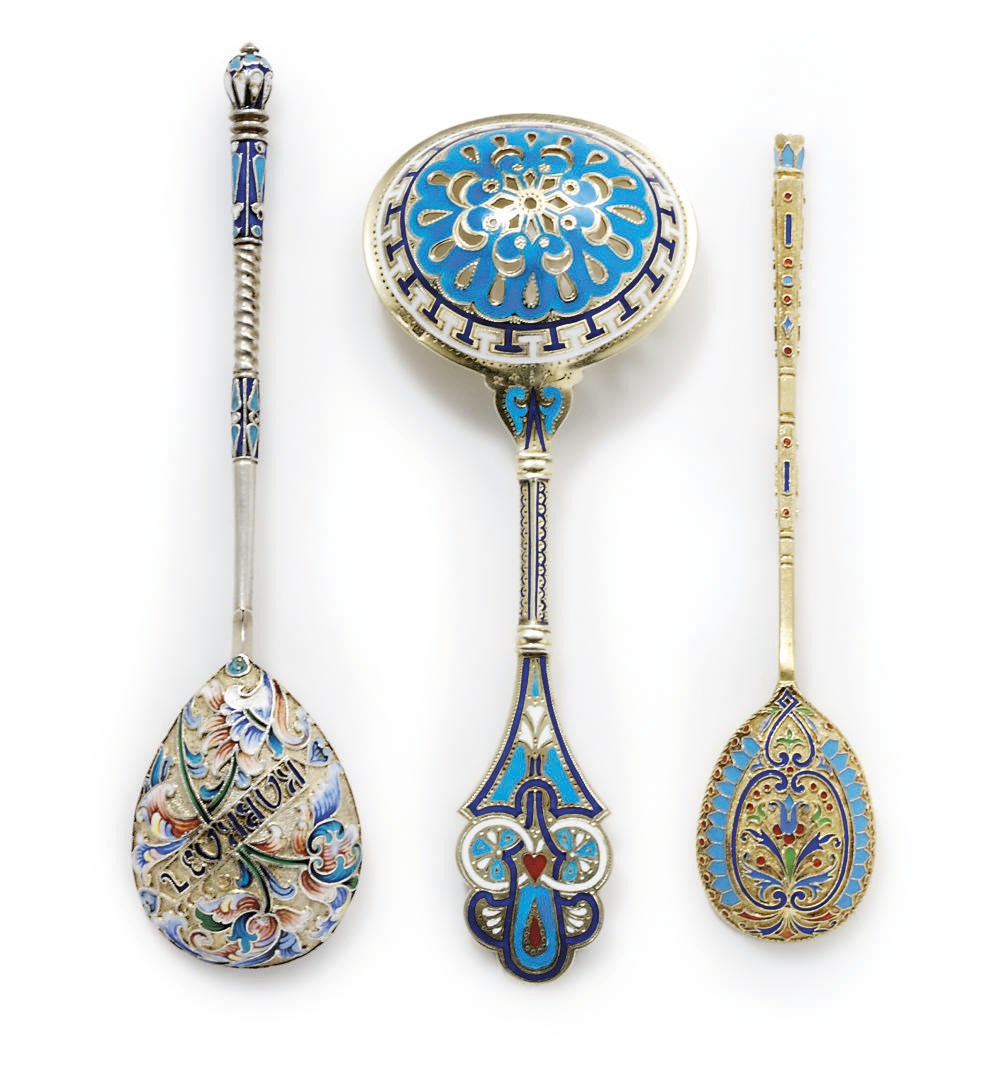 A RUSSIAN SILVER-GILT AND CHAMPLEVÉ ENAMEL SIFTER SPOON