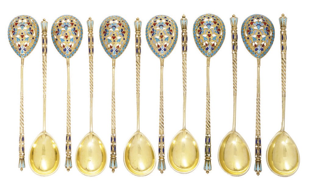 A SET OF TWELVE SILVER-GILT AND CLOISONNÉ ENAMEL LEMON-TEA SPOONS