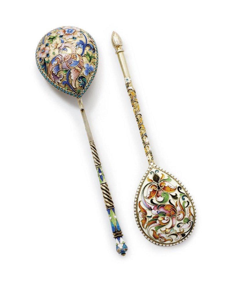 A RUSSIAN SILVER-GILT AND CLOISONNÉ ENAMEL SPOON