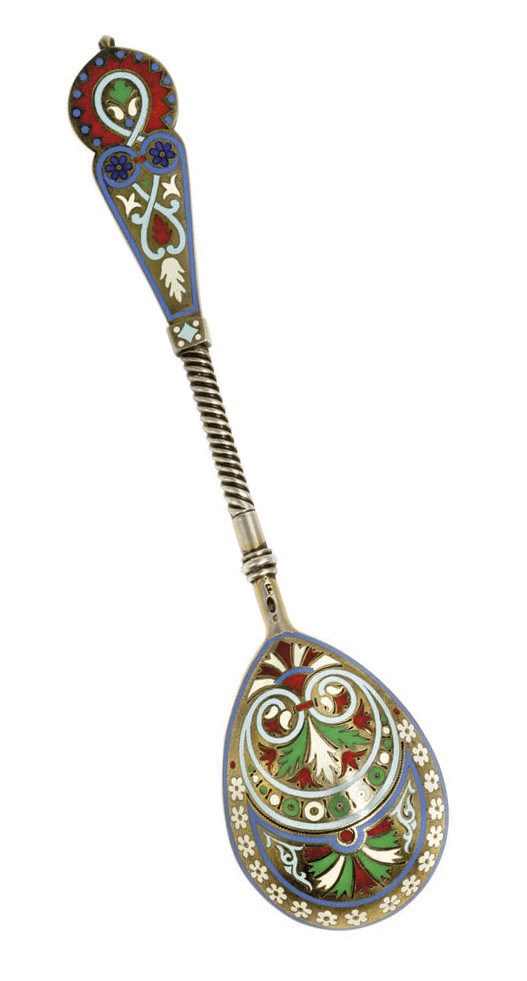 A RUSSIAN SILVER-GILT AND CHAMPLEVÉ ENAMEL SPOON