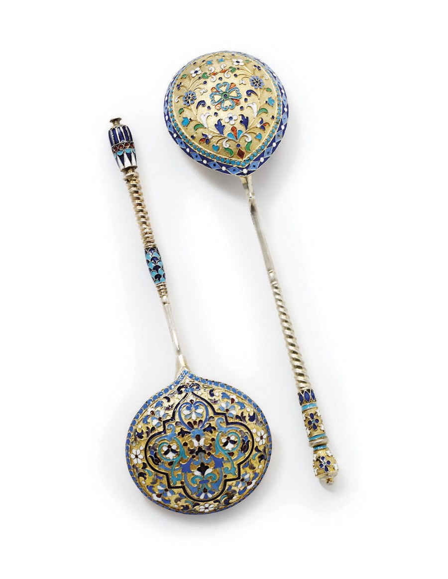 A RUSSIAN SILVER-GILT AND CLOISONNÉ ENAMEL SPOON