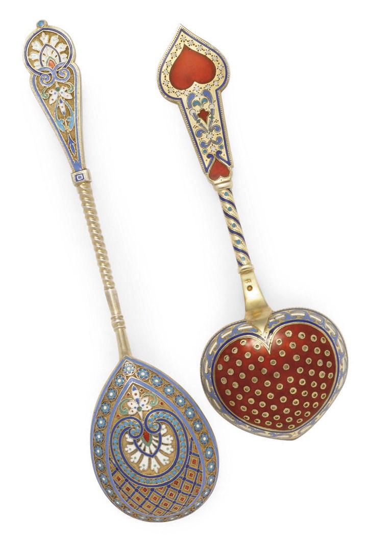 A RUSSIAN SILVER-GILT AND CHAMPLEVÉ ENAMEL SIFTER SPOON