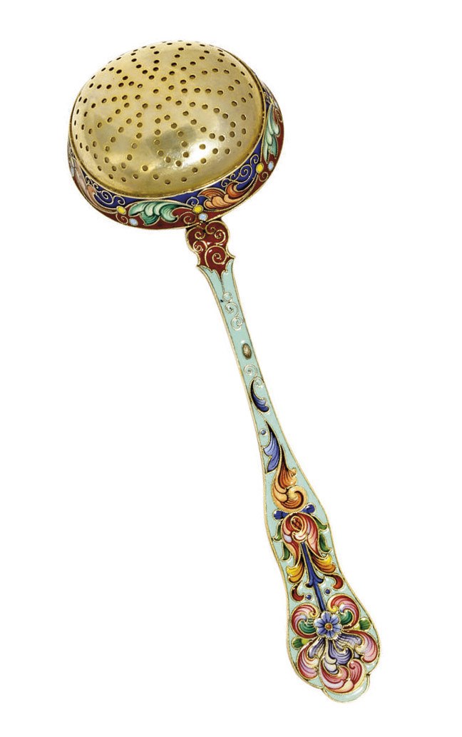 A RUSSIAN SILVER-GILT AND CLOISONNÉ ENAMEL SIFTER SPOON