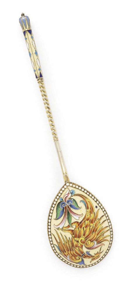 A RUSSIAN SILVER-GILT AND CLOISSONÉ ENAMEL SPOON