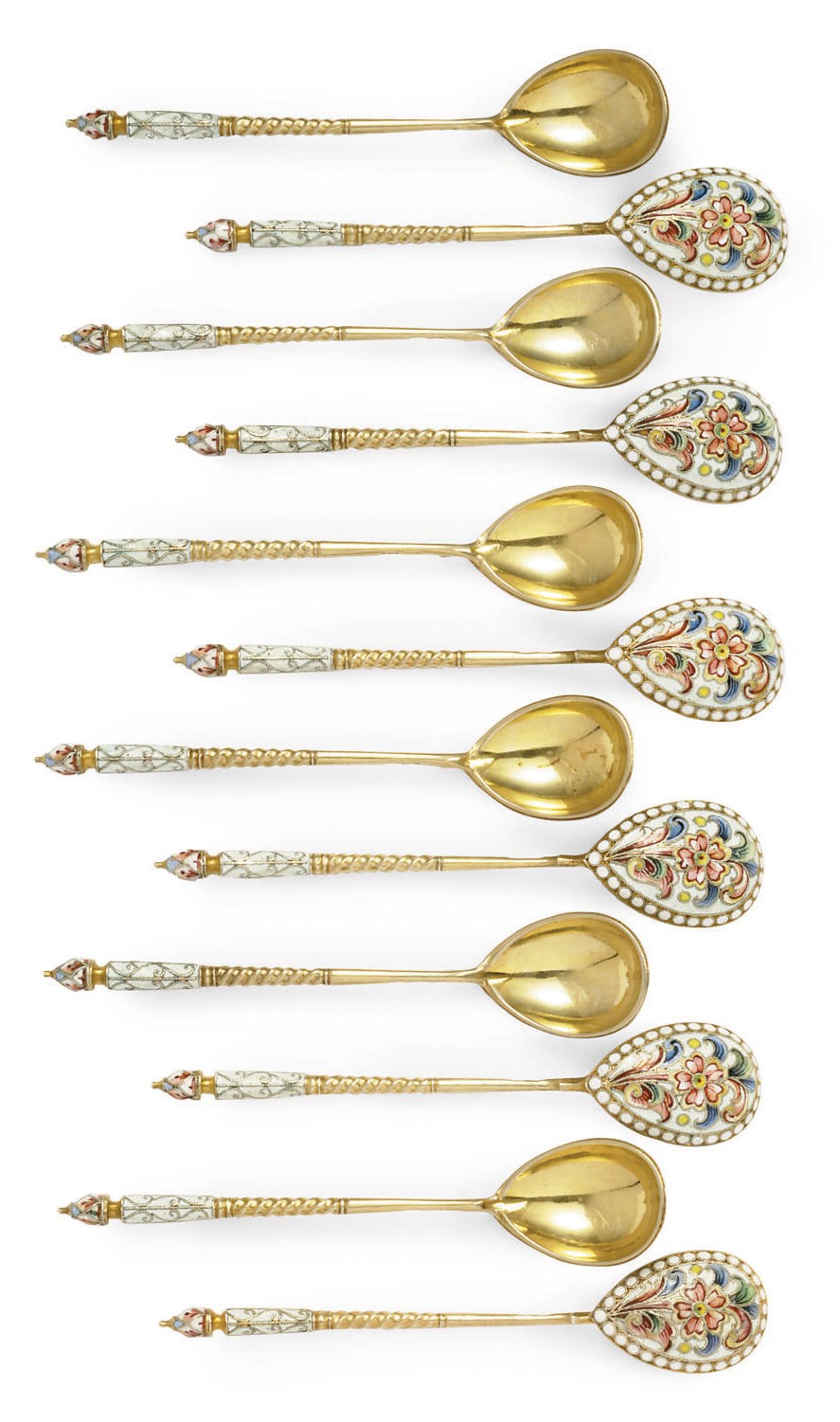 A SET OF TWELVE RUSSIAN SILVER-GILT AND CLOISSONÉ ENAMEL LEMON-TEA SPOONS