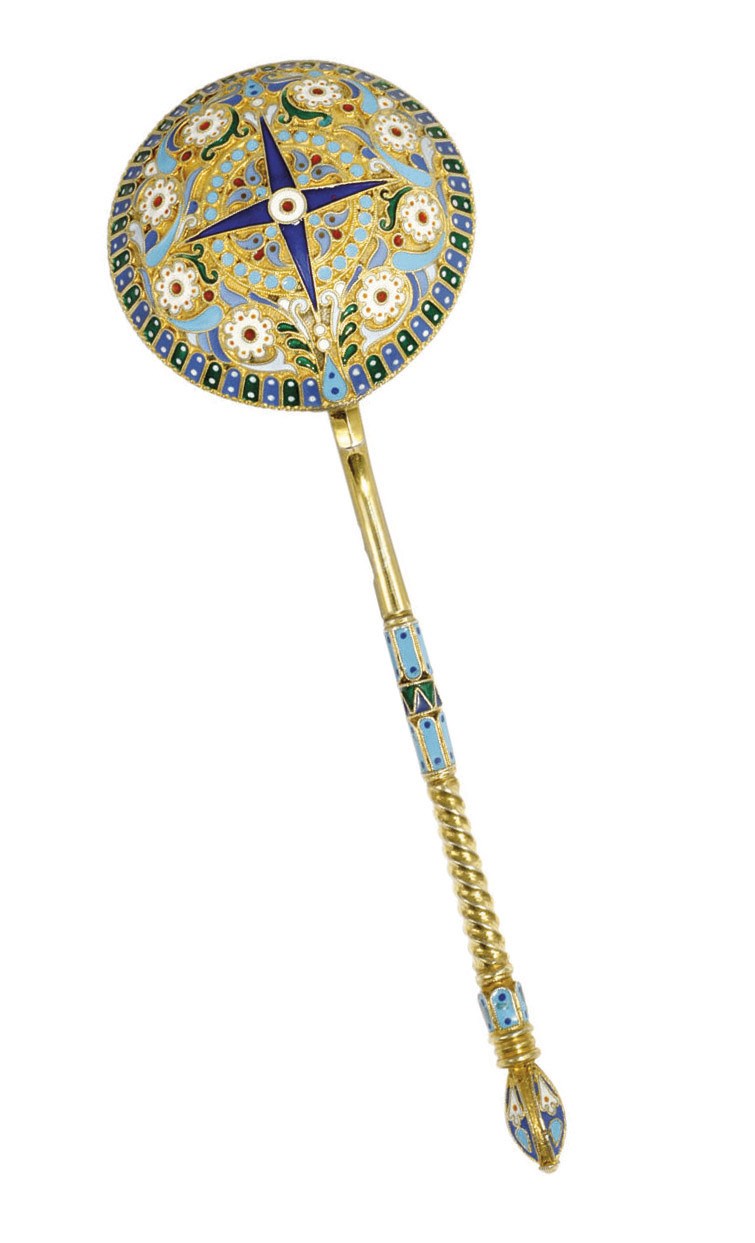 A FINE RUSSIAN SILVER-GILT AND CLOISONNÉ ENAMEL SPOON