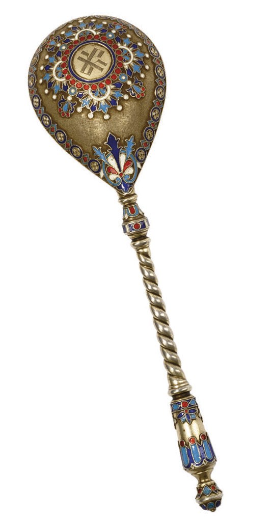 A RUSSIAN SILVER-GILT AND CLOISSONÉ ENAMEL SPOON
