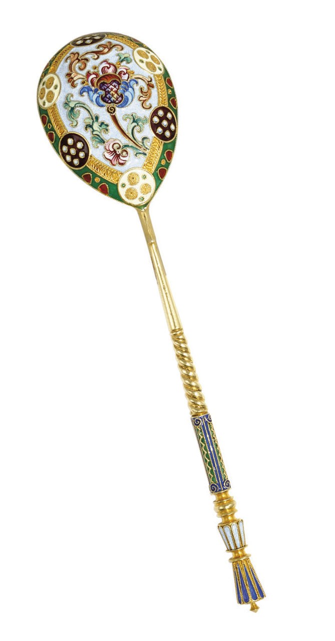 A RUSSIAN SILVER-GILT AND CLOISONNÉ ENAMEL SPOON