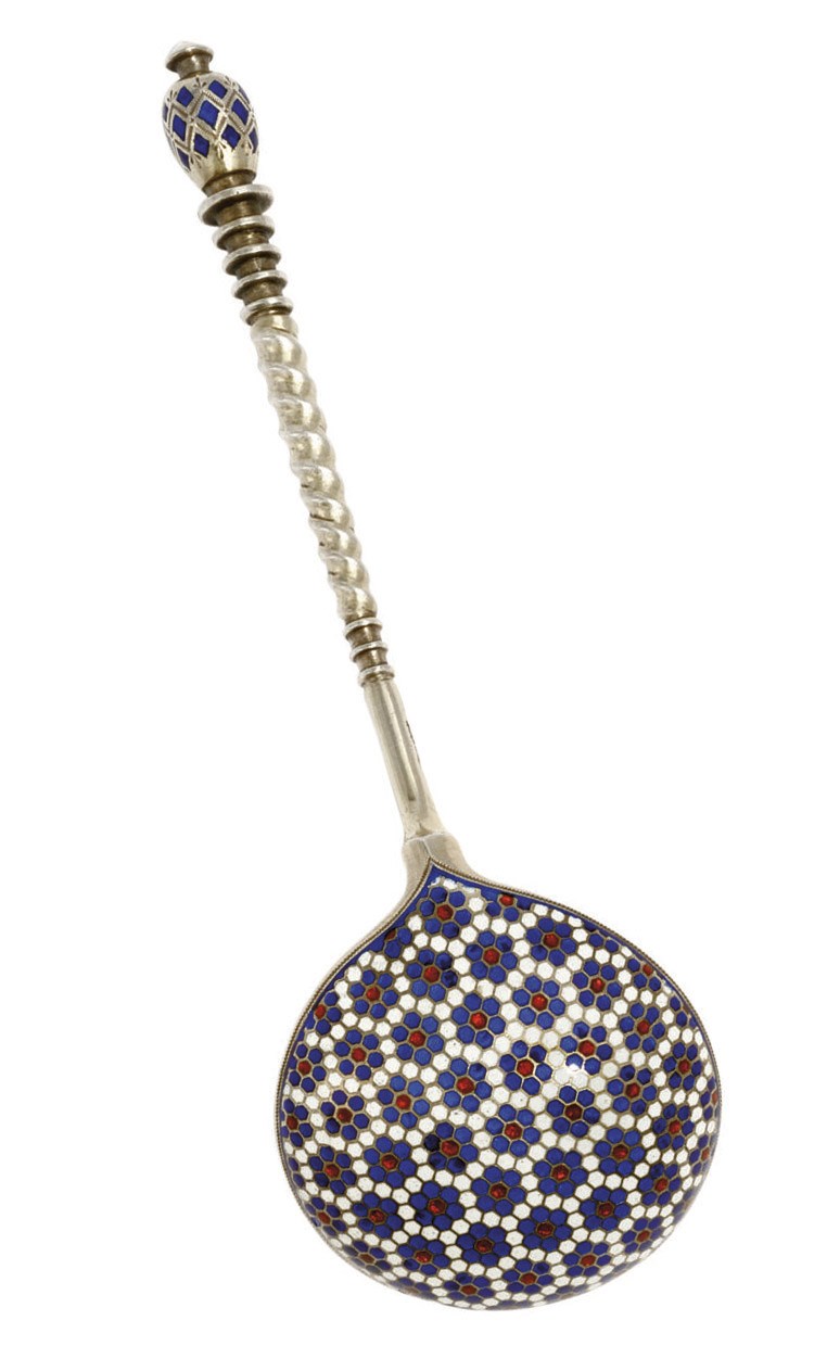 A RUSSIAN SILVER AND CHAMPLEVÉ ENAMEL SPOON