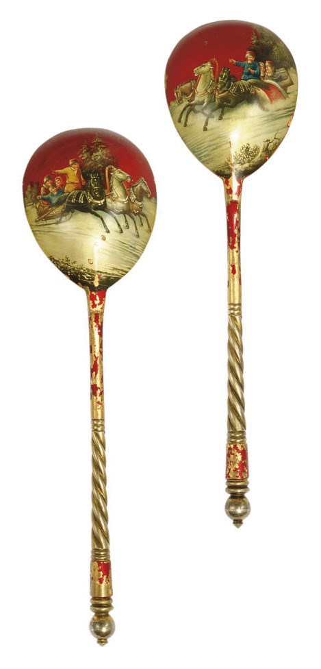 A PAIR OF RUSSIAN SILVER-GILT & COLD ENAMEL SPOONS