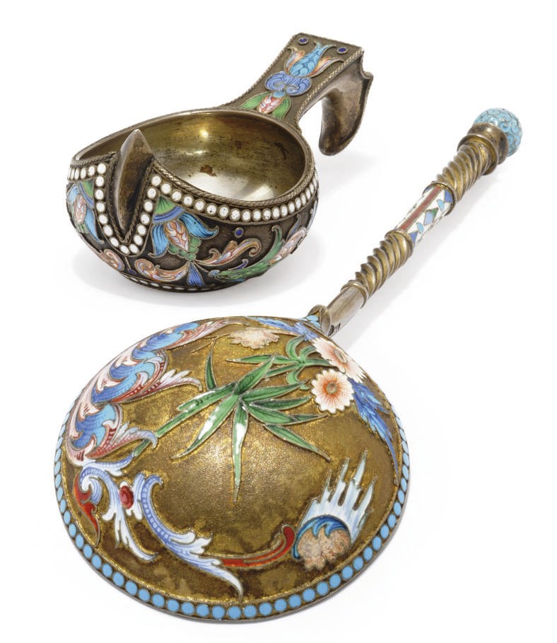 A RUSSIAN SILVER-GILT AND CLOISSONÉ ENAMEL SPOON
