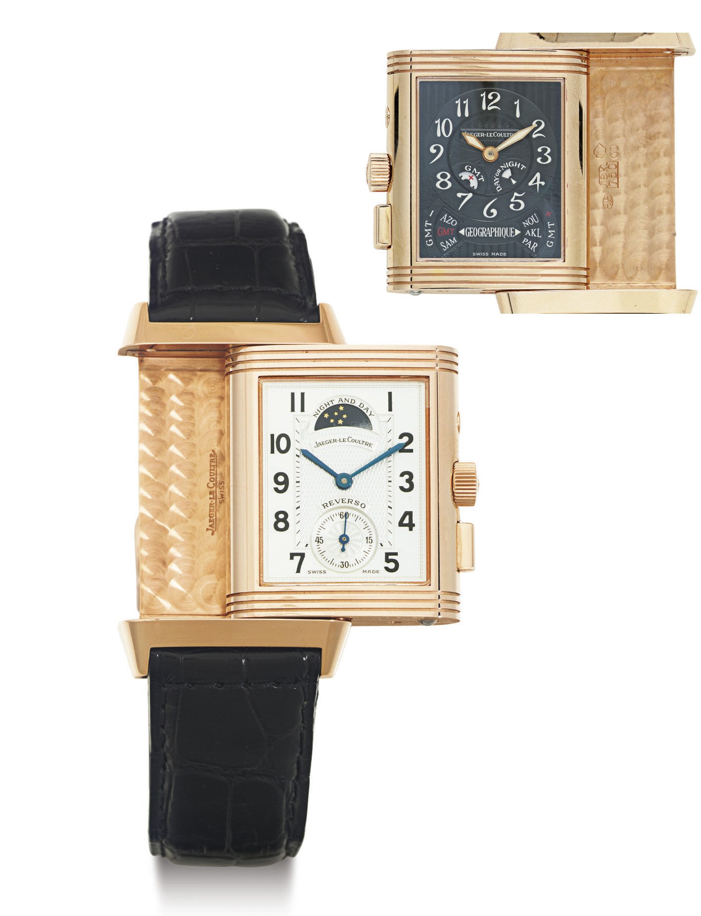 JAEGER-LECOULTRE. A FINE LIMITED EDITION 18K PINK GOLD REVERSIBLE DOUBLE DIALED DUAL AND WORLD TIME WRISTWATCH WITH DAY AND NIGHT