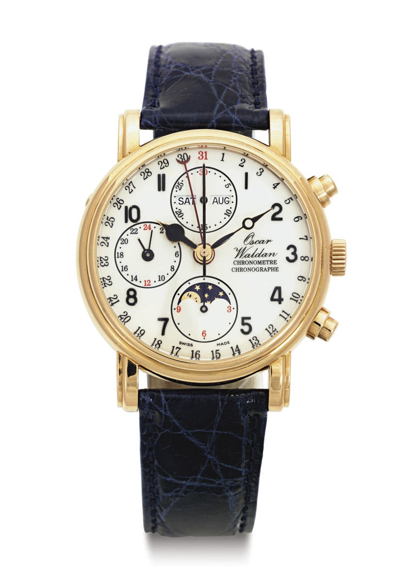 OSCAR WALDAN. AN 18K PINK GOLD AUTOMATIC TRIPLE CALENDAR CHRONOGRAPH WRISTWATCH WITH MOON PHASES