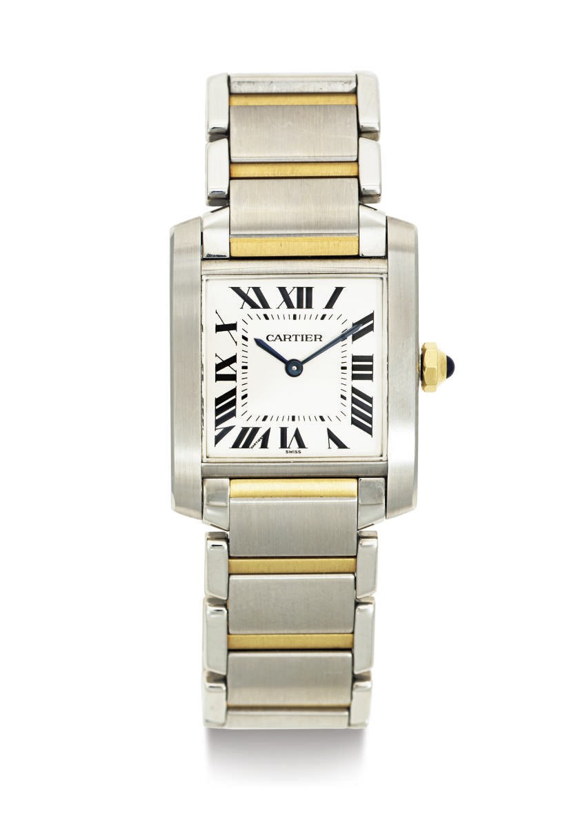 CARTIER. AN 18K GOLD AND STAINLESS STEEL WRISTWATCH WITH BRACELET
