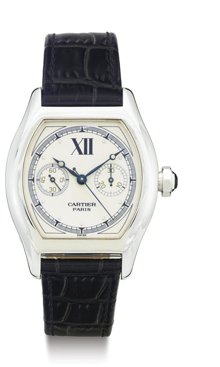 CARTIER. AN 18K WHITE GOLD SINGLE-BUTTON CHRONOGRAPH WRISTWATCH